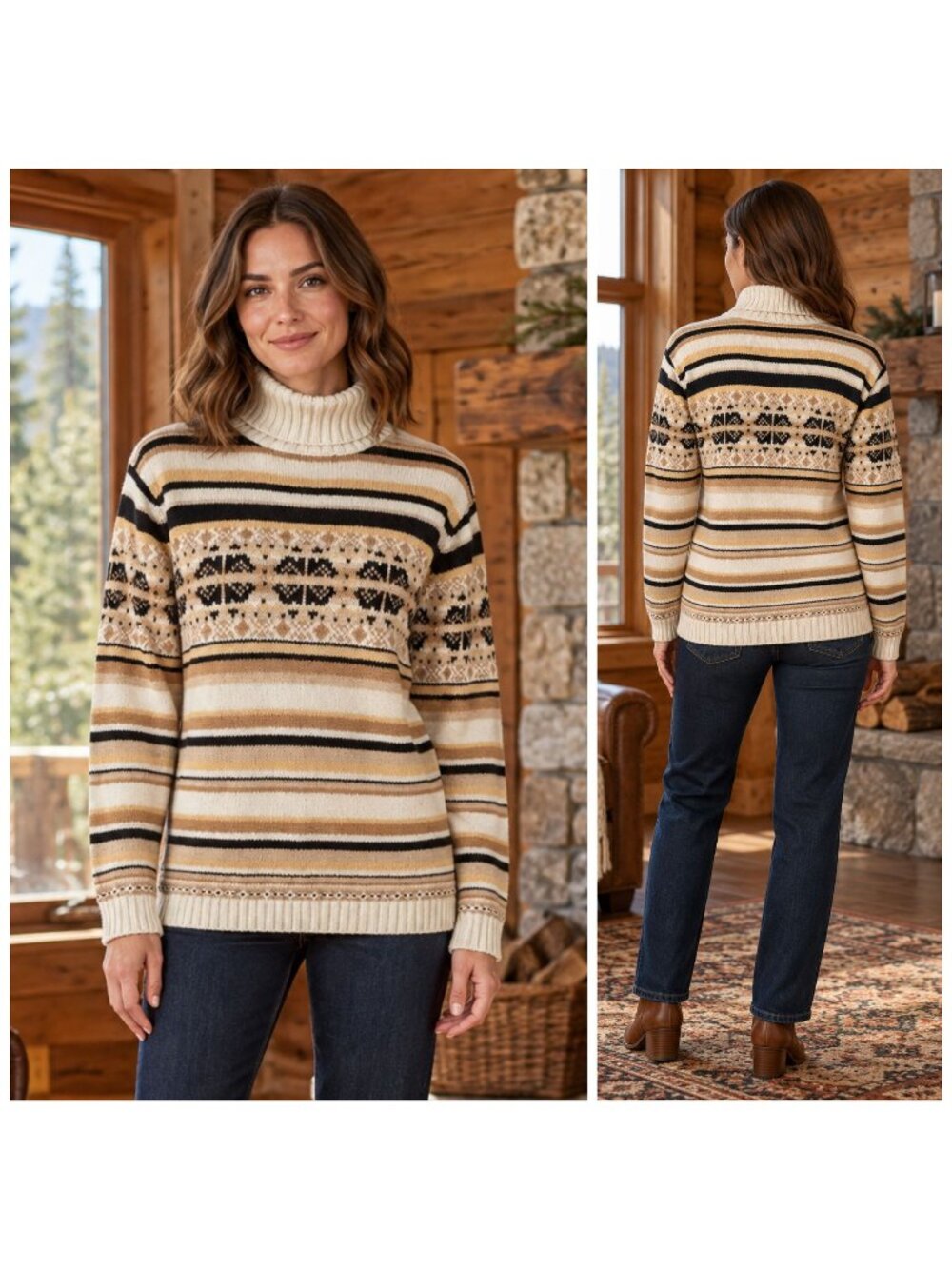 IZOD Sweater Womens Medium Fair Isle Turtleneck Cream Tan Black Ramie Cotton
